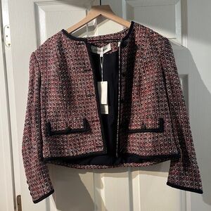 Veronica Beard Cropped Tweed Blazer in Red Multi with Navy Trim